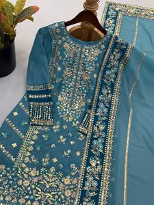Salwar Kameez en soie bleue pour femmes, longueur au sol, tenue ethnique indienne traditionnelle avec broderie dorée, style mariage - Product Image 5