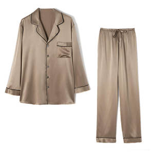 Ensemble de pyjamas unisexes en satin à manches longues et boutons, avec pantalon long, motif uni, 2 pièces, lavable en machine - Product Image 6