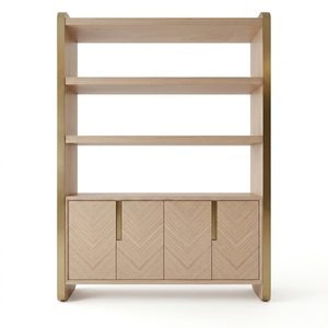 Librería Moderna de Madera Maciza Natural con Puertas Chevron, Estantes Abiertos y Vitrina para Sala de Estar u Oficina en Casa - Product Image 1