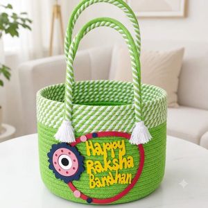 Panier tissé en coton blanc et violet écologique traditionnel avec décoration Joyeux Raksha Bandhan - Product Image 4