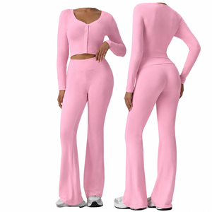 Conjunto de yoga de dos piezas para mujer, talla grande, cintura alta elástica, tejido de punto acanalado de peso medio, top corto de manga larga - Product Image 1