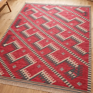 Alfombra de Lana Dhurrie de Estilo Kilim Geométrico Moderno, Tejida a Mano, Diseño Tradicional en Zigzag, Ecológica, Reversible, para Oración - Product Image 1