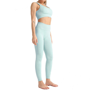 Geometric <b>Mesh</b> Yoga Set High Waist Full Length Leggings With Long Sleeve <b>Crop</b> <b>Top</b> Crew Neck Seamless Four-Way Stretch - Product Image 3