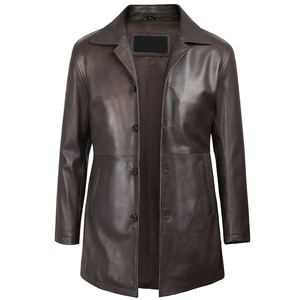 <b>Men's</b> Genuine Leather <b>Long</b> Trench <b>Coat</b> Notched Lapel Single Breasted Regular Sleeve Overcoat casual leather <b>coat</b> - Product Image 3