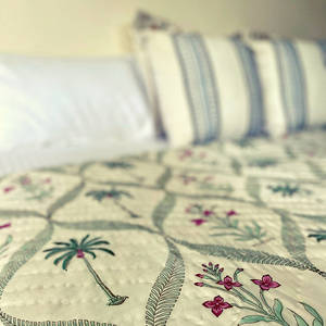 Hand-Block Printed Palm Tree & Pink Floral Cotton Jaipuri Razai / <b>Quilt</b> Reversible Tropical AC 90*108" Size Dohar <b>Bedding</b> - Product Image 5