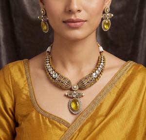 Ethnic Gold Plated Jewelry <b>Set</b> With Zircon And Imitation Pearl Necklace Earrings <b>For</b> Women <b>Wedding</b> Fashion - Product Image 1