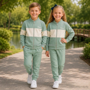 Ensemble uniforme scolaire pour enfants, veste zippée et pantalon en coton vert French Terry avec logo brodé pour élèves du primaire - Product Image 1