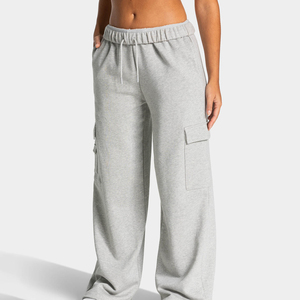 Pantalon cargo gris pour femme de haute qualité, coupe ample, taille à cordon, multi-poches, en molleton, style streetwear décontracté, vente en gros - Product Image 1