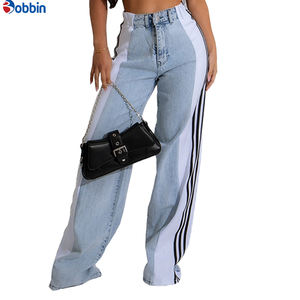Jean pour femme à logo personnalisé, à rayures latérales, taille haute, patchwork, coupe large et droite, en denim, tendance - Product Image 6