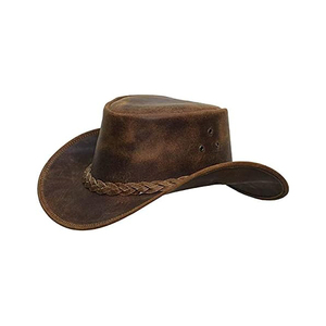 Sombrero de Vaquero de Cuero Marrón Más Vendido, Ala Ancha, Estilo Vintage Desgastado, con Banda Trenzada, Unisex para Adultos, OEM ODM - Product Image 3