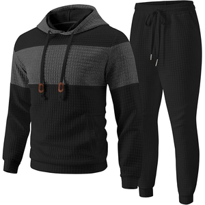 Men's Hooded Waffle <b>Knit</b> Thermal Tracksuit <b>Set</b> Color Blocking Casual Winter Wear - Product Image 1