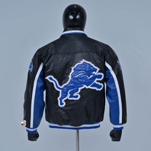 Vestes universitaires en cuir véritable Detroit Lions Football Field pour hommes, noires et bleues, zippées, brodées, doublées en polaire, vêtements décontractés d'hiver - Product Image 4