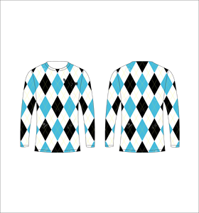 Camiseta Deportiva Ligera de Manga Larga Sublimada Personalizada con Patrón Argyle Negro, Azul Claro y Blanco, Proveedor al por Mayor - Product Image 1