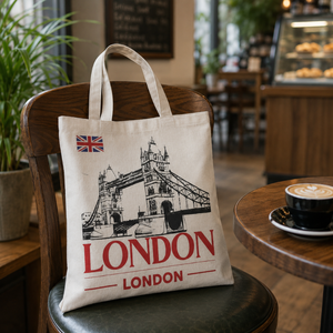 Eco Friendly London Cotton Canvas Tote <b>Bag</b> | Tower Bridge Printed Reusable Shopping <b>Bag</b> Promotional Souvenir Tote Long Handles - Product Image 3