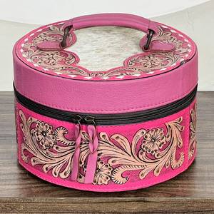Boîte à bijoux ronde en cuir de vachette véritable, entièrement travaillée à la main, avec embossage floral, style vintage, durable, pour le rangement des bijoux - Product Image 4