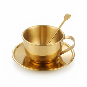 Ensemble de tasses à thé en cuivre de luxe avec soucoupe en laiton et cuillère en forme de cœur, mug à expresso pour cadeaux de mariage, vente en gros - Product Image 1