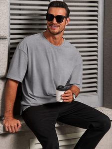 เสื้อยืดทรงบ็อกซี่ฟิตคุณภาพสูงสำหรับผู้ชาย ผ้าสโตนวอช โพลีเอสเตอร์คอตตอนเนื้อหนา สไตล์สตรีทแวร์ลำลอง ไซส์หลากหลาย - Product Image 3