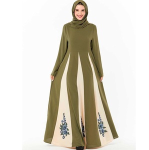 Abaya longue pour femme, couleur contrastée, manches longues, robe musulmane, abayas avec broderie florale, tenue de fête pour l'Aïd - Product Image 1