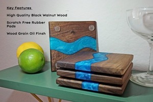 High Quality Square and Round <b>Epoxy</b> <b>Resin</b> Coaster Set with Ocean Effect Beautiful Fairy Style Made of Wood Perfect - Product Image 3