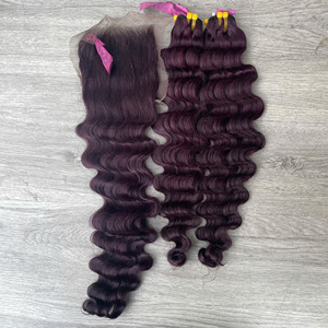 Lots de Cheveux Humains Vietnamiens Ondulés Profonds Bordeaux Foncé, Qualité Super Double Drawn, avec Closure Personnalisée, Prix de Gros Direct Usine - Product Image 3