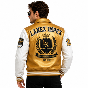 Custom Gold White Leather Varsity <b>Jacket</b> <b>Men</b> Luxury Letterman Bomber Chenille Embroidered Patches Front High Quality OEM Service - Product Image 4