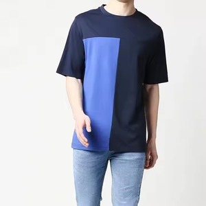 Men's <b>Navy</b> Blue Short Sleeve O-Neck Knitted Casual T-Shirt Color Blocked Regular Fit Solid Pattern - Product Image 5