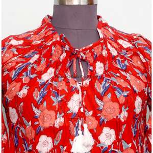 Vestido midi de algodón ecológico de inspiración bohemia, moderno y chic, tejido, tipo túnica, con decoración de borlas y estampado floral, top para mujer. - Product Image 3