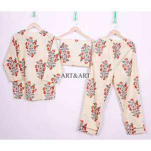 Ensemble de pyjama de luxe pour femme 100 % coton, écologique, élégant, col modeste, motif floral, confortable, doux, pantalon et chemise unis, sac inclus - Product Image 5