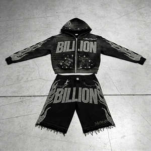 Ensemble sweat à capuche et short personnalisé effet délavé soleil, coupe courte, délavé à l'acide, style streetwear, avec strass et déchirures, fermeture éclair - Product Image 6