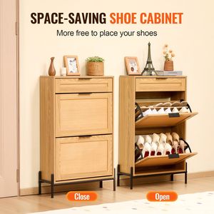Scarpiera stretta in legno chiaro colore Rattan 2 cassetti ribaltabili 1 cassetto scorrevole sottile ingresso ingresso armadio Organizer con gambe in metallo - Product Image 3