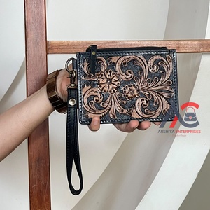 2026 New Genuine Tooled Leather Mini Floral Design Women Wristlet <b>Wallet</b> Zipper Pouch ATM Credit <b>Card</b> <b>Holder</b> For Shopping - Product Image 1