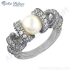 Art Palace Women's Pearl Cocktail <b>Ring</b> 925 Silver Plated Stainless Steel Pave Setting Classic <b>Wedding</b> Engagement <b>Ring</b> - Product Image 2