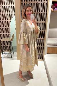 Vestido Kaftán Beige de Lujo para Mujer, con Estampado Dorado, Estilo Boho, Holgado, Tejido de Punto, Ecológico, con Borlas, para Verano - Product Image 4