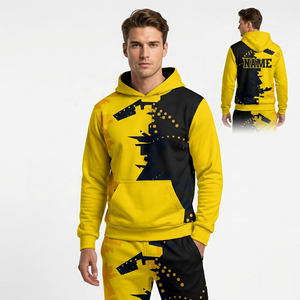 Conjunto Deportivo de 2 Piezas con Capucha, Amarillo y Negro, con Logotipo Estampado en la Parte Delantera, Absorbente de Sudor, 100% Poliéster, Pantalones Deportivos con Cierre de Cremallera y Forro Polar - Product Image 2