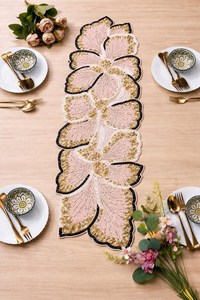 Embroidered Floral Table <b>Runner</b> Pink Gold Navy Luxury Home Decor <b>Washable</b> - Product Image 4
