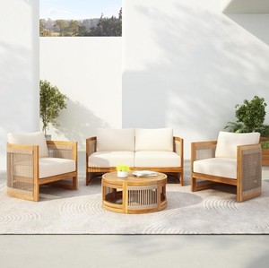 Wood Rope Outdoor Sofa Set <b>Patio</b> Conversation Furniture <b>Round</b> Coffee <b>Table</b> Garden Seating - Product Image 1