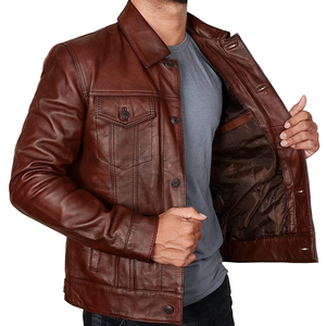 Custom <b>Genuine</b> Leather Waterproof Windproof Winter Stand Collar Classic Men's Fit Washed Biker Motorcycle Jacket - Product Image 3