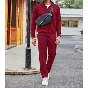 Ensemble de survêtement tricoté rouge pour homme, couleur unie, décontracté, automne, tissu polyester respirant, col montant - Product Image 5
