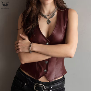 Vintage Style Burgundy Color Good Supplier Women PU Leather Corset Vest <b>Top</b> Sexy Clubwear Slim Fit <b>Front</b> <b>Zip</b> Fashion Tank <b>Top</b> - Product Image 5