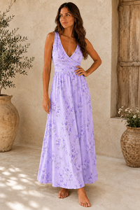 Robe longue florale lavande pour femme, sans manches, style bohème, pour l'été, élégante pour les invitées de mariage et les vacances à la plage - Product Image 4