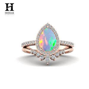 Boho Teardrop Opal Wedding <b>Ring</b> <b>Set</b> Crown Curved Moissanite Enhancer Band 10K 14K <b>Gold</b> October Birthstone Jewelry Wholesale - Product Image 1