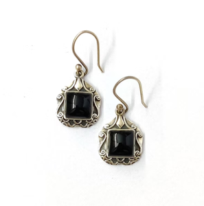 Vintage 925 Sterling Silver Natural <b>Black</b> Onyx <b>Dangle</b> <b>Earrings</b> Antique Filigree Cushion Shaped Drop Hook Jewelry - Product Image 1