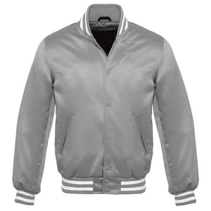 Mens Classic Satin Varsity Bomber <b>Jacket</b> <b>Silver</b> Orange White Collection Striped Ribbed Trim Snap Button Sporty Letterman - Product Image 1