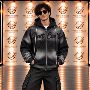 Sweat à capuche zippé vintage personnalisé pour homme, coupe oversize, avec strass et patchwork graphique, style streetwear épais - Product Image 1