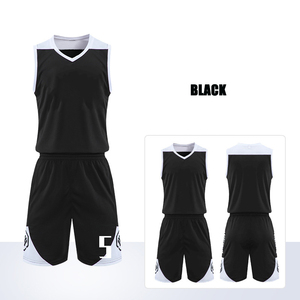 Ensemble de maillot et short de basket-ball personnalisé noir sans manches, col en V, en polyester respirant, unisexe adulte, toutes saisons - Product Image 1