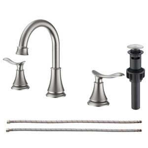 Rubinetto per lavabo bagno a 2 maniglie, 8 pollici, in nichel spazzolato, con beccuccio girevole a 360 gradi, a 3 fori, per lavabo da appoggio - Product Image 1