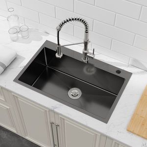 Lavello da cucina singolo in raso nero fatto a mano 76x48 cm, da incasso, con scarico standard USA e design a foro singolo. Non spedibile nei fine settimana. - Product Image 2
