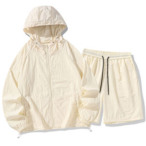 Ensemble de survêtement unisexe noir à capuche, manches longues, fermeture éclair, décontracté, léger, en polyester, short, coupe ample, couleur unie, été - Product Image 2