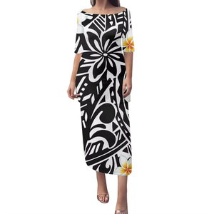 Conjunto de 2 Piezas, Vestido Puletasi Samoano, Estampado Polinesio Tradicional, Vestidos de Sirena con Hombros Descubiertos y Media Manga para Mujer - Product Image 3