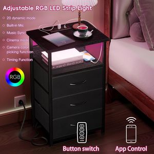 Comodino LED con Porte USB, Prese Elettriche e 3 Cassetti in Tessuto, Comodino con Stazione di Ricarica, Finitura in PU - Product Image 3